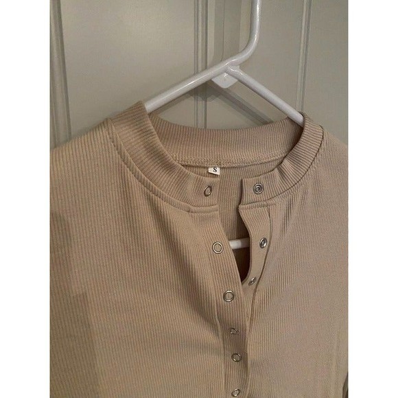 New GEMBERA Women Front Button, Long Sleeve‎ Ribbed Bodysuit, Small, Color Beige - Picture 2 of 3